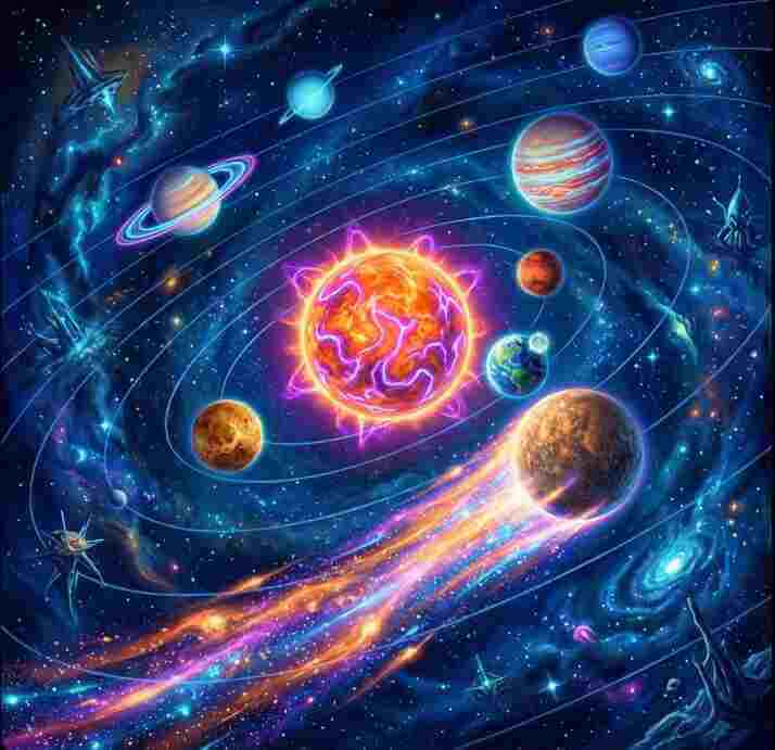 A futuristic view of the solar system with planets orbiting the sun, showing planetary transit motion with glowing star trails.